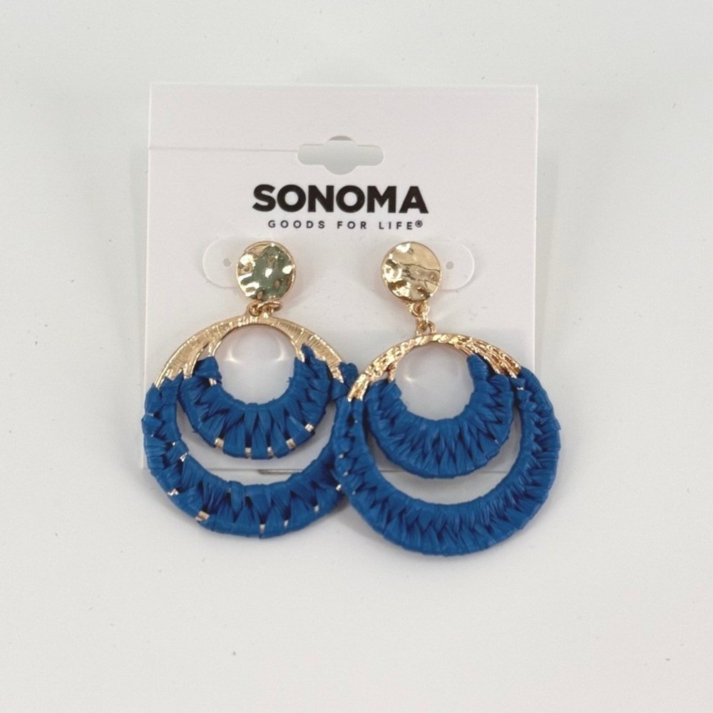 SONOMA GOODS FOR LIFE Blue Woven Raffia Double Hoop Gold Tone Statement Earrings